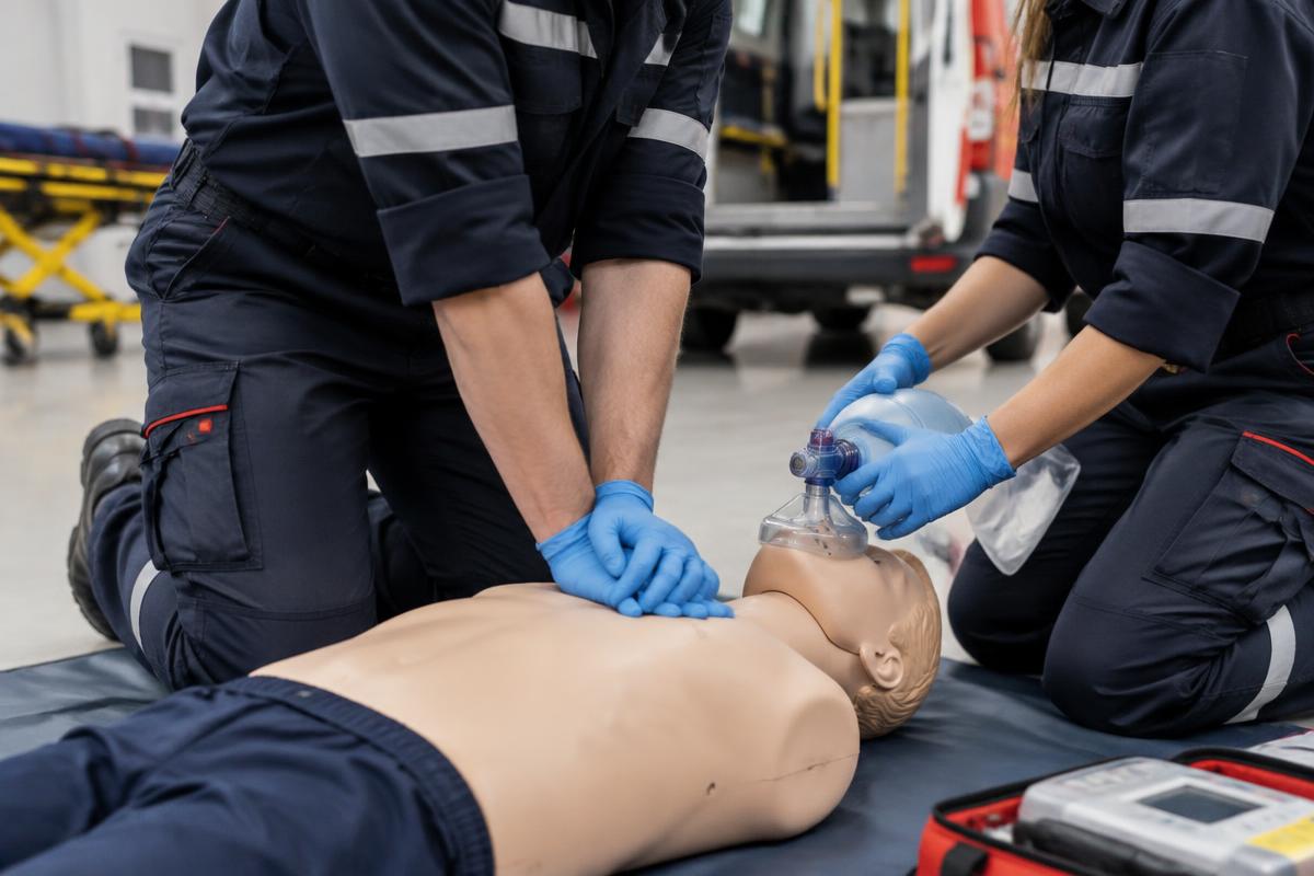 Emergency responders practicing CPR and bag-mask ventilation on a training mannequin in an ambulance bay